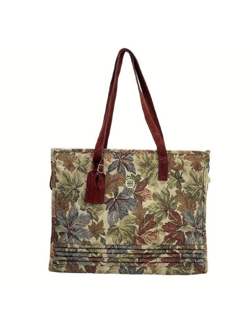 Ricardo Beverly Hills Tapestry Tote Bag With Suede Trim Leaf Pattern Zipper Top
